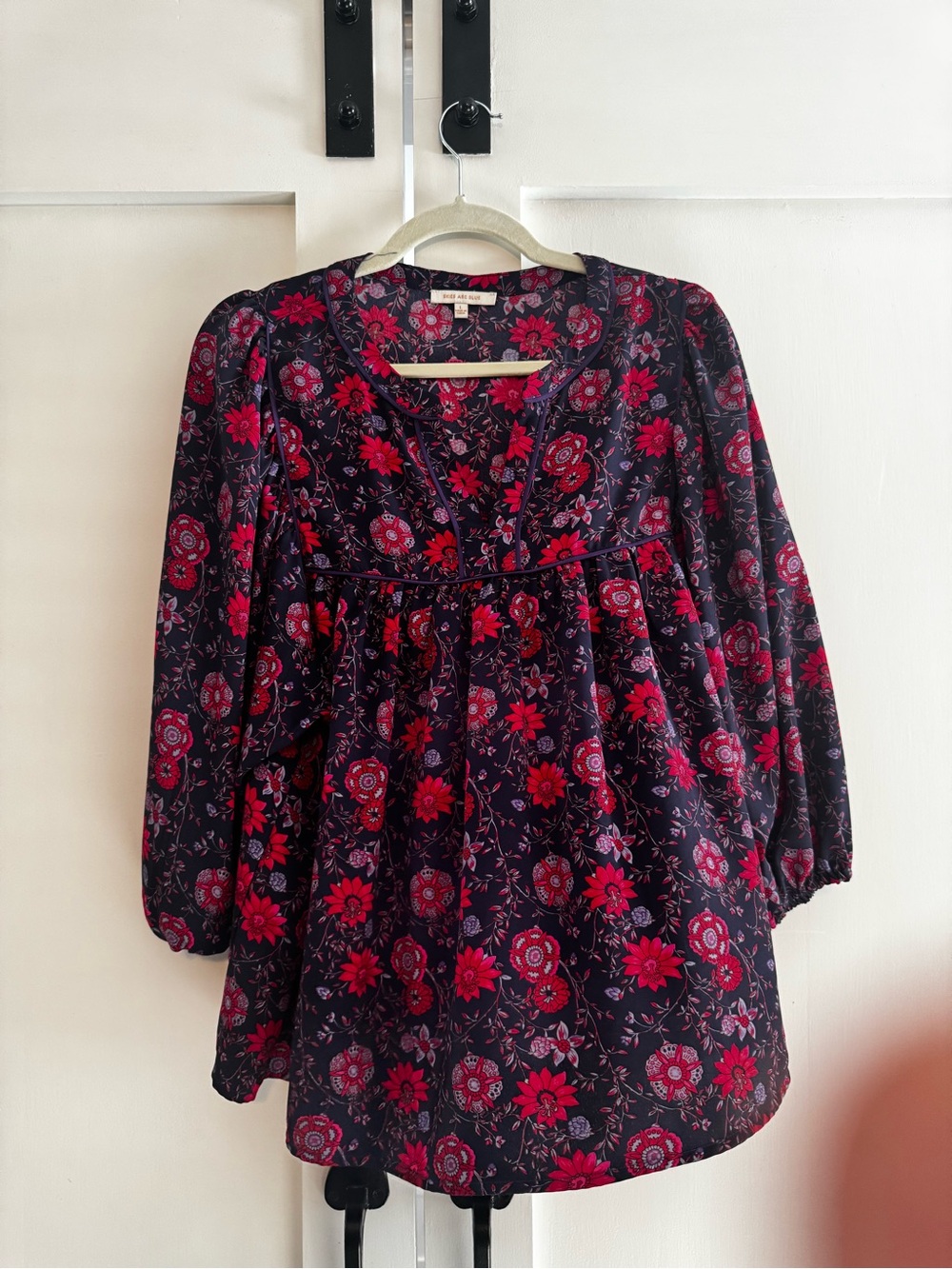 Skies Are Blue Navy Tunic with Red Floral Print